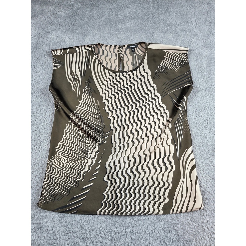 Artsy Womens Olive Green Abstract Geometric Wave Print Short Sleeve Blouse‎ XS